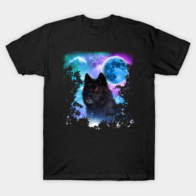 Black Wolf MidNight Forest T-Shirt by Ratherkool